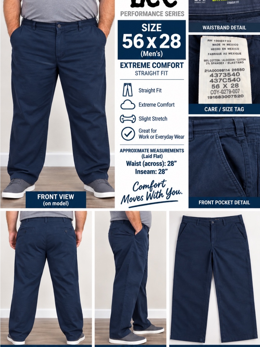 Lee Men's Straight Fit Jeans in Navy Blue Size 56x28